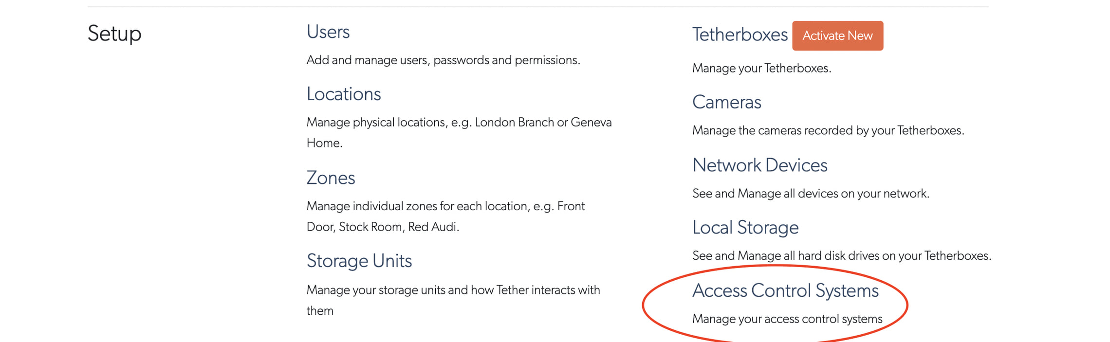 Admin Setup page showing Access Control Systems