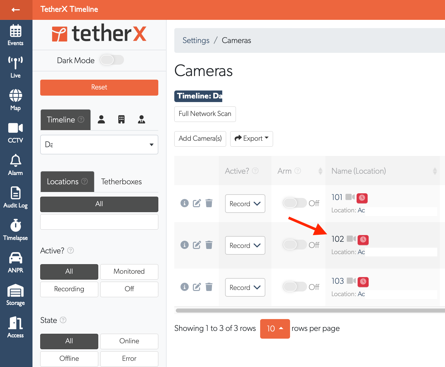 Select your ANPR camera from the cameras list