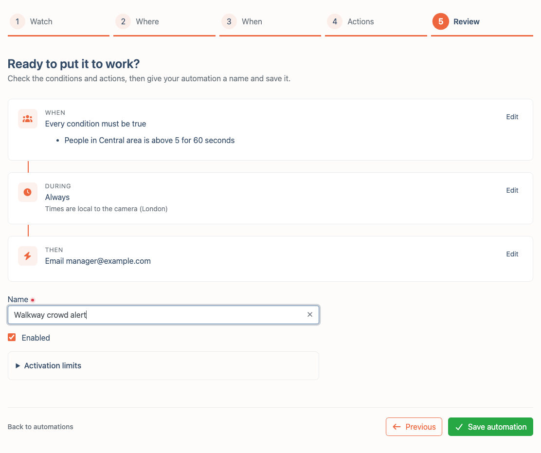 Automation review showing the people threshold, schedule and email action before saving