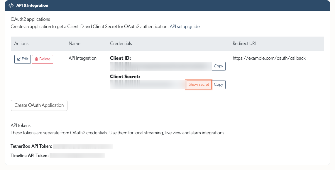 API Details with OAuth2 credentials, Copy buttons and separate API tokens; credentials obscured