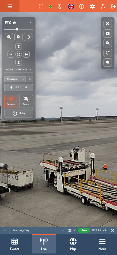 Mobile Live View with pan, tilt, zoom, Talkdown and deterrent controls open
