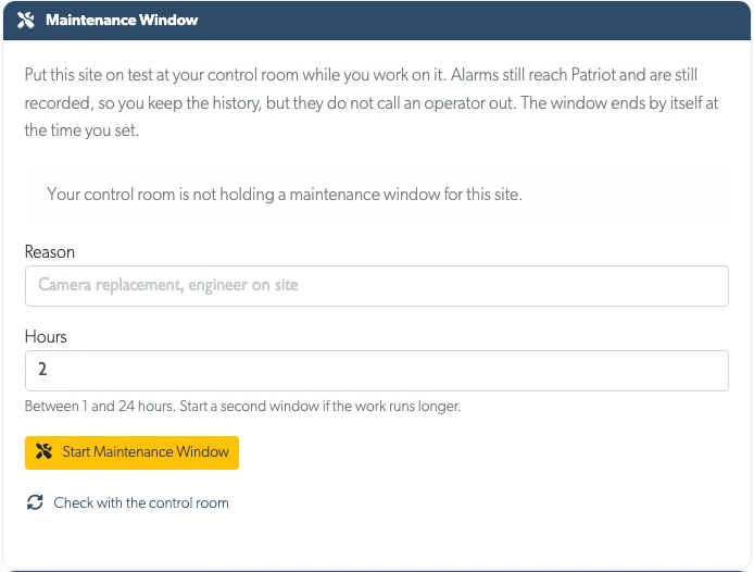 The Maintenance Window card on a site's Patriot Systems tab