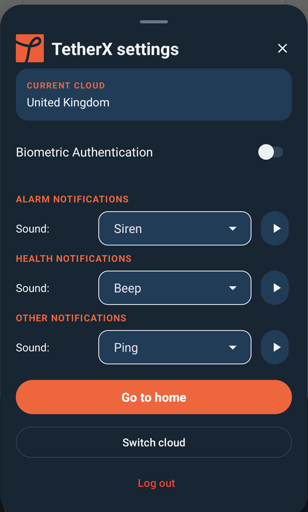 The TetherX app settings on Android, with a sound for each of the three kinds