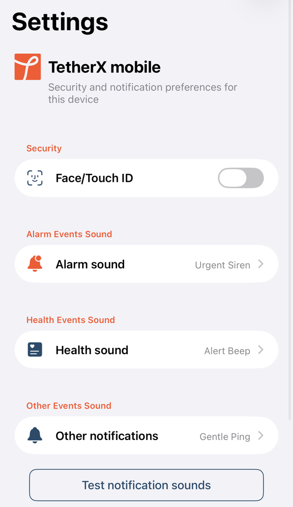 The TetherX app settings on iPhone, with a sound for each of the three kinds