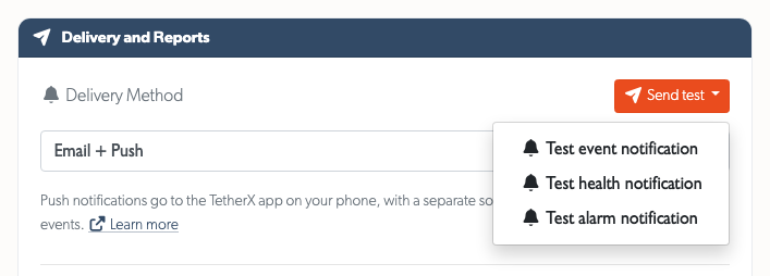 The Send test menu, with one test per kind