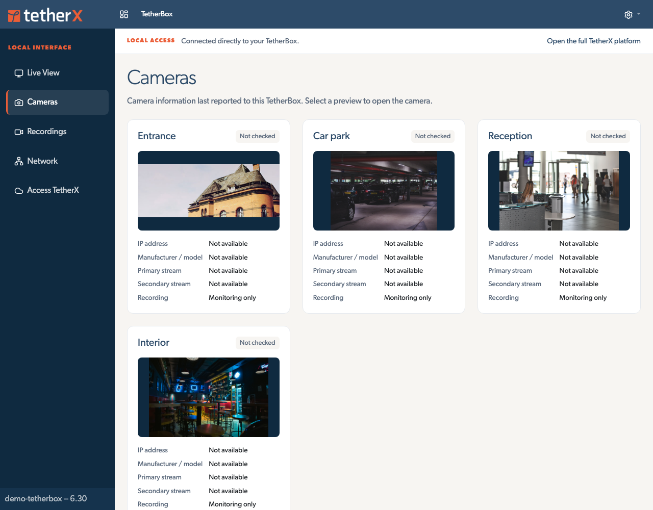 TetherBox local interface showing cameras