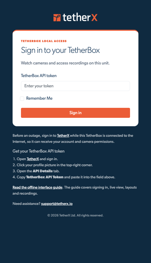 TetherBox login page accessed via IP address