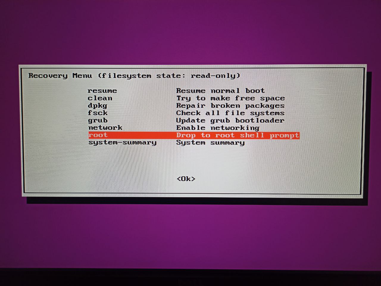 Recovery Menu with root option highlighted