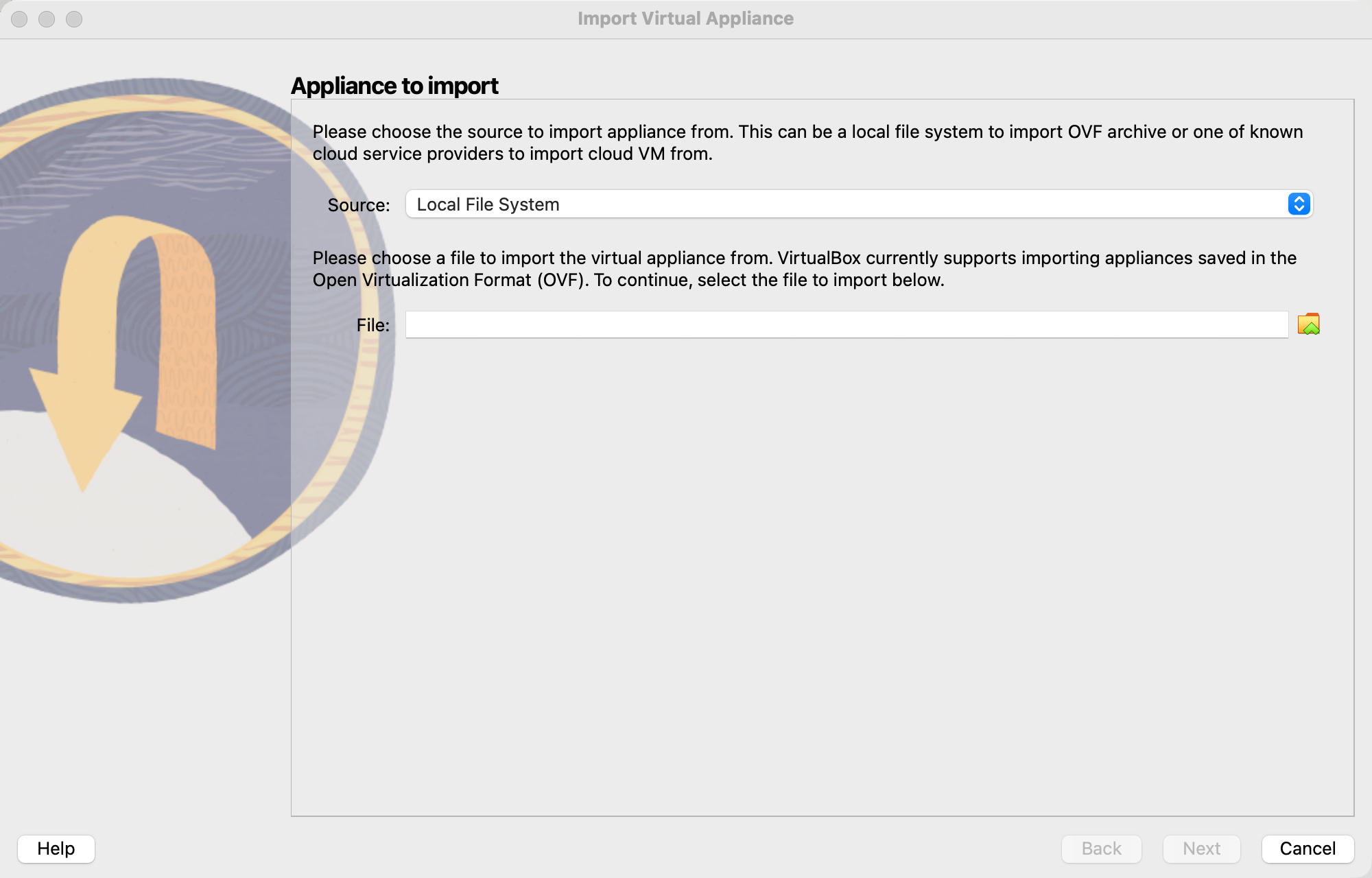 Import Virtual Appliance dialog: set Source to Local File System and select the .ova file