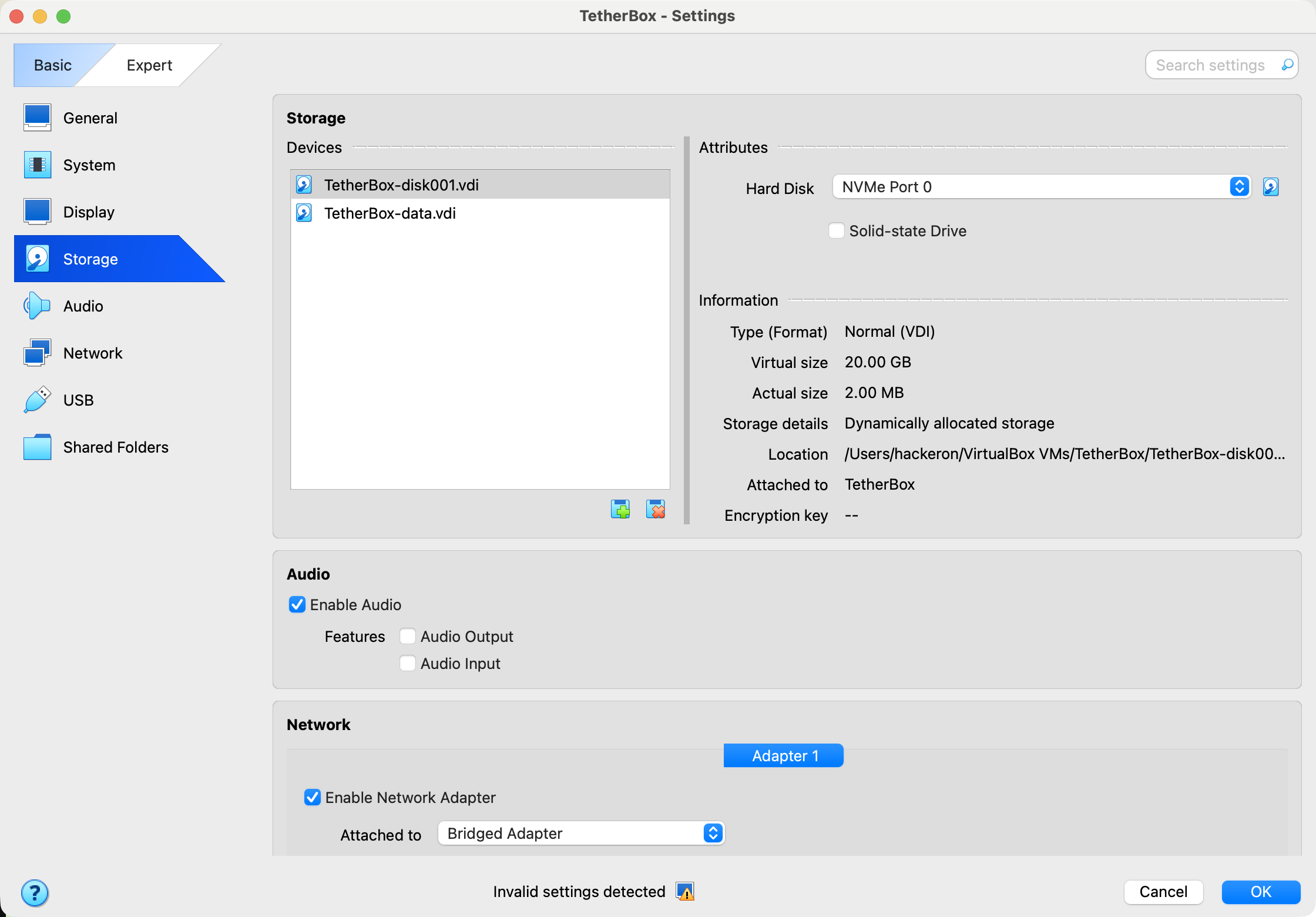 Storage settings: a second virtual disk added under the NVMe controller, shown as NVMe Port in Attributes